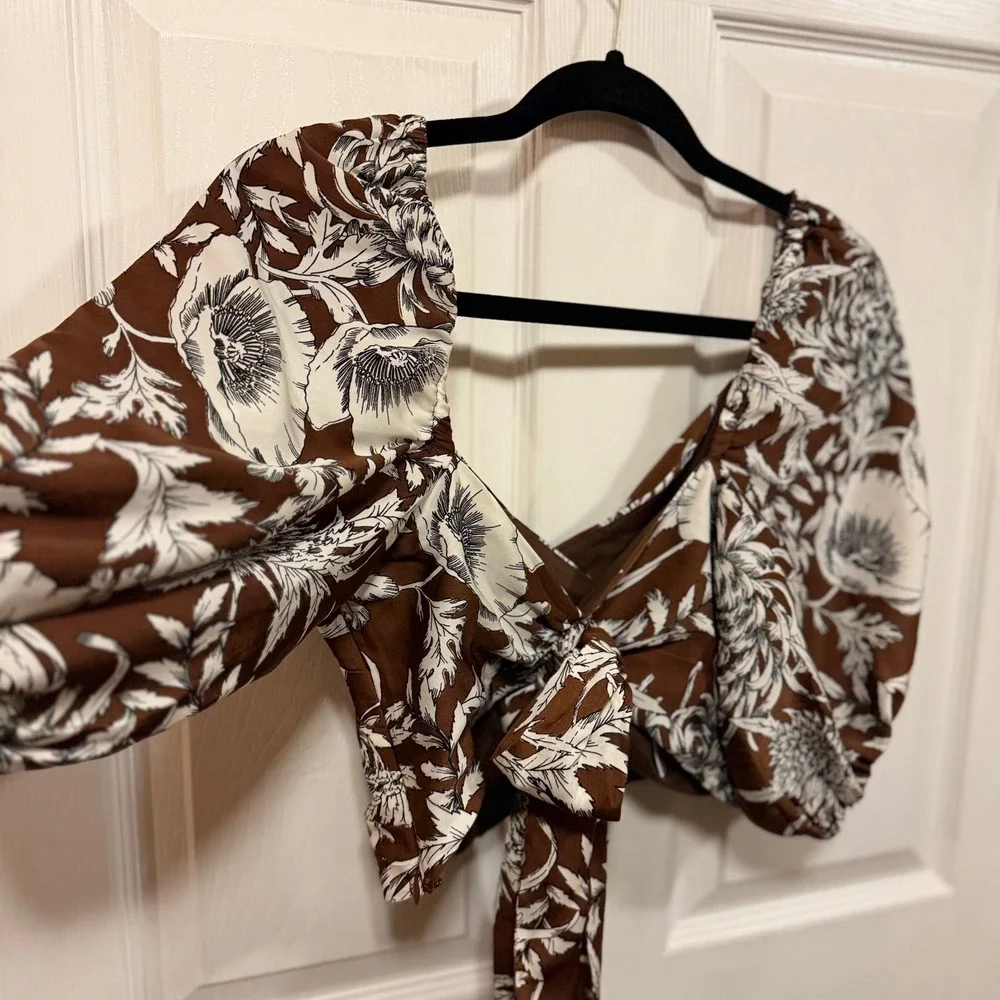 Express Womens Brown Floral Puff Sleeve Crop Top Tie Back Surplice Size 0 - Picture 4 of 14